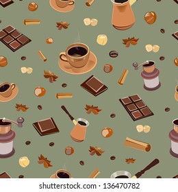 Coffee pattern  with cup of coffee, Chocolate, cinnamon, hazelnut, coffee machine 