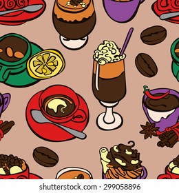Coffee pattern. Coffee cup: espresso, cappuccino, latte. Vector seamless background.