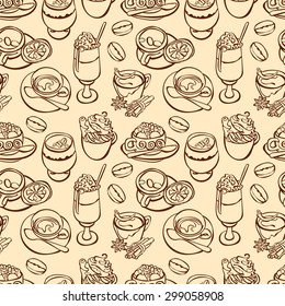 Coffee pattern. Coffee cup: espresso, cappuccino, latte. Vector seamless background.