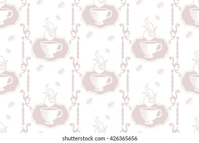 Coffee pattern with cup, steam and coffee beans. Light colors background.