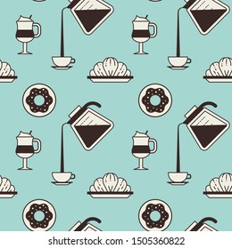Coffee pattern with coffee cups, croissants, doughnuts and pots on light blue background. Seamless background with pastry, coffeehouse and cafe elements for prints, fabric and gift wrapping paper.