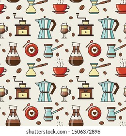 Coffee pattern with coffee cups, spoons, beans, vintage grinder, turkish kettles and arabic pots. Seamless background with coffeehouse and cafe elements for prints, fabric and gift wrapping paper.