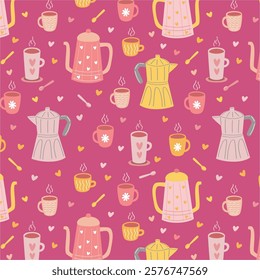 Coffee pattern. Cups, spoons, coffee makers, hand drawn coffee seamless pattern. Cute colorful coffee background.