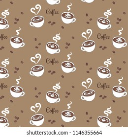 Coffee pattern with cute vector white cups and coffee beans