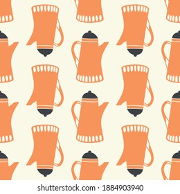 Coffee pattern design. Vector seamless repeat of retro style cafe pots in orange. Hand drawn background illustration. 