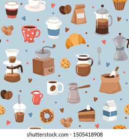 Coffee pattern, different coffee elements. Cute cartoon icons in hand drawn style on blue background Vector illustration 