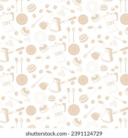 Coffee pattern from a drinking set. Spoons, forks, cakes, candies, coffee maker, cups, coffee beans.Ideal for menu, cards, posters, prints, packaging, fabric, clothing, backgrounds. Vector image.