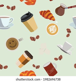Coffee pattern. Everything for coffee. Seamless pattern for coffee lovers. For decoration, for background