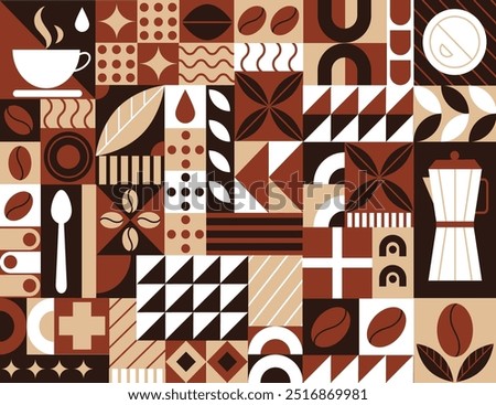 Coffee pattern, geometric background, icon bean. Illustration element abstract, Bauhaus concept cafe decoration. Cacao shape, graphic restaurant for poster and banner. Menu cover. Vector tidy design