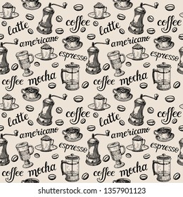 Coffee pattern. The names of different types of coffee. Different coffee cocktails. Coffee lettering.
