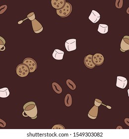 coffee pattern. coffee pattern on brown background. cofee bean, marshmallow, cup of coffee, coffee pot.