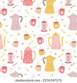 Coffee pattern on white background. Cups, spoons, coffee makers, hand drawn coffee seamless pattern. Cute colorful coffee background.