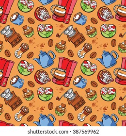 Coffee pattern. Coffee pot and coffee cup. Coffee Machine. Coffee bean and coffee stain. Coffee dessert - cupcake. Vector seamless pattern (background).