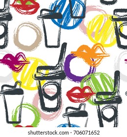 Coffee pattern. Seamless background with paper coffee cups and lips