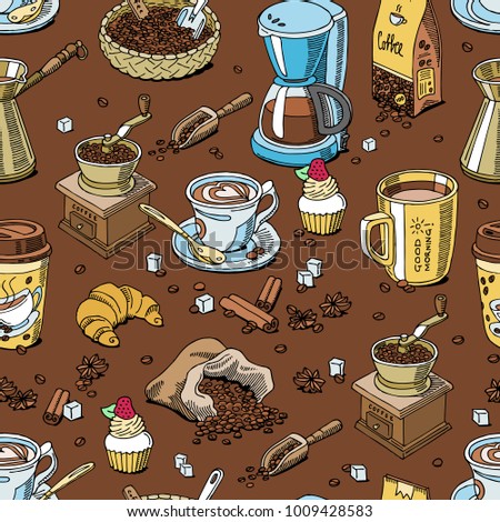 Coffee pattern seamless coffeebeans and coffeecup vector drink hot espresso or cappuccino in coffeeshop and mug with caffeine in bar illustration background