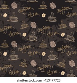 Coffee pattern with text coffee time and grunge blots ink.Seamless pattern with thematic coffee elements design mug,cup,coffee,coffee bean,coffee stains,ink on brown background