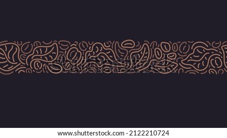 Coffee pattern. Tropical bush, abstract beans, line leaves. Aroma robusta and arabica variety. Vector nature graphic strip. Decorative border