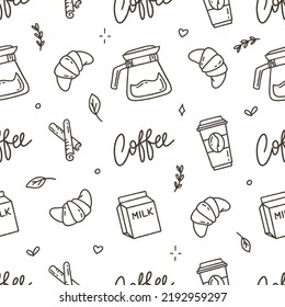 Coffee pattern with Turkish beans and croissants on a white background. Vector illustration in doodle style