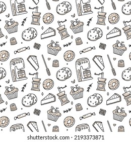 Coffee pattern with Turkish beans and croissants on a white background. Vector illustration in doodle style