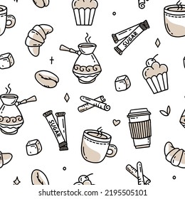 Coffee pattern with Turkish beans and croissants. Vector illustration in doodle 