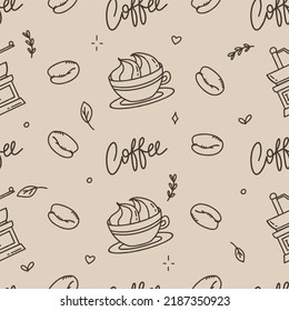Coffee pattern with Turks and capsules on a beige background. Vector illustration in doodle style