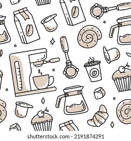Patrón de café con turcos y cápsulas sobre un fondo blanco. Ilustración vectorial en estilo doodle