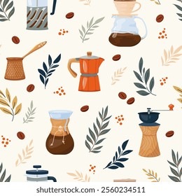 Coffee pattern with variety brewing equipment and leaves decor creates charm and cozy mood. Warm shades of vector seamless background create coziness and tranquility ideal for print, fabric, textile