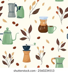 Coffee pattern with variety brewing equipment and intricate leaves creates charm cozy mood. Warm shades of vector seamless background create coziness and tranquility ideal for print, fabric, textile