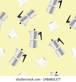 Coffee Pattern. Vecto seamless pattern or background with coffee makers and coffee cups