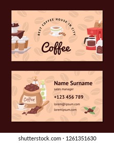 Coffee pattern vector coffeebeans business card coffeecup drink hot espresso or cappuccino in coffeeshop backdrop set mug with caffeine in bar illustration business-card background