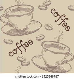 Coffee pattern. Vector seamless  pattern with coffee beans and caps at hand drawning style