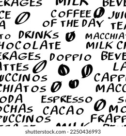 Coffee patterns.
Hand drawn ink seamless pattern. Coffee elements for design. White background. 