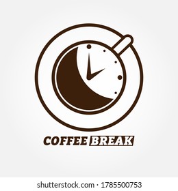 COFFEE PAUSE. Icon with Cup on saucer, clock and inscription