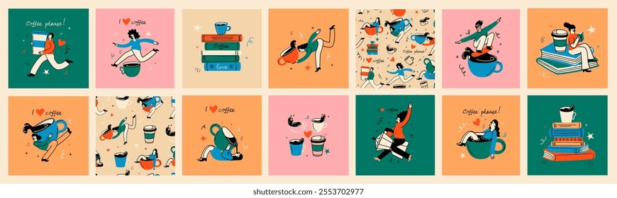 Coffee people collection, vector illustration in flat cartoon style. Characters drinking and holding coffee cups, cozy mugs, to-go cups, warm drinks in trendy retro style,