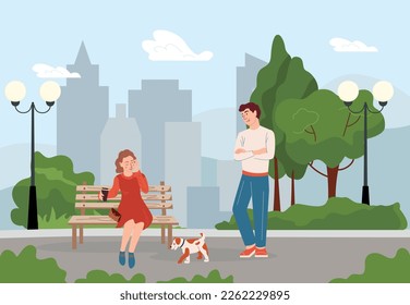 Coffee people composition with flat cityscape and park scenery with girl drinking with guy and dog vector illustration