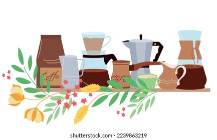 Coffee people flat composition with front view of wooden shelf with many various kinds of pots vector illustration