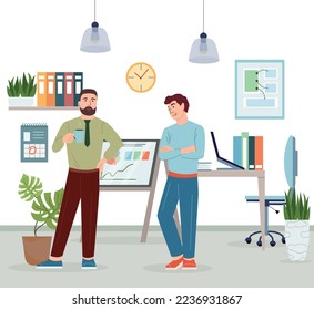 Coffee people flat composition with indoor scenery of office with two male coworkers having coffee break vector illustration