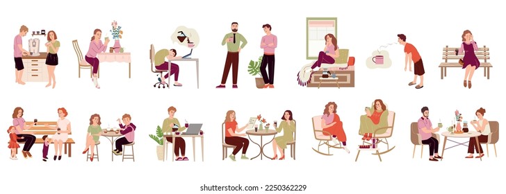 Coffee people flat set of isolated compositions with adult people drinking hot drinks alone and together vector illustration