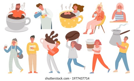 Coffee people. Men and women with hot morning drinks, sit in giant cup and hold cezve. Characters on coffee break at cafe or home vector set. Man with espresso, breakfast cup of coffee illustration