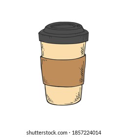 Coffee peper cup,, isolated on white background. Hand drawn doodle style. Vector illustration.