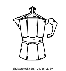 Coffee percolator for brewing Italian espresso coffee on a hot plat. Outline, linear style, line art vector