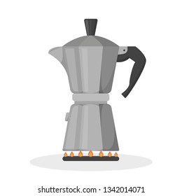 Coffee percolator on the stove. Special equipment for coffee making. Espresso maker. Vector illustration in cartoon style