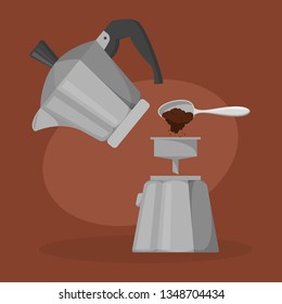 Coffee percolator. Special equipment for coffee making. Espresso maker. Putting coffee inside the pot. Vector illustration in cartoon style