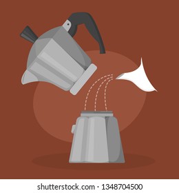 Coffee percolator. Special equipment for coffee making. Espresso maker. Pouring water inside the pot. Vector illustration in cartoon style