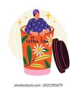 Coffee person concept. Man inside cardboard cup. Dessert and delicacy for cafe or restautrant. Graphic element for website. Cartoon flat vector illustration isolated on white background