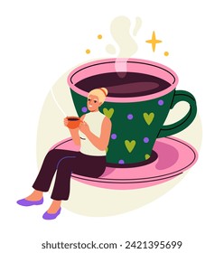 Coffee person concept. Woman with mug near hot drink. Dessert and delicacy for cafe or restautrant. Cappuccino and americano. Cartoon flat vector illustration isolated on white background