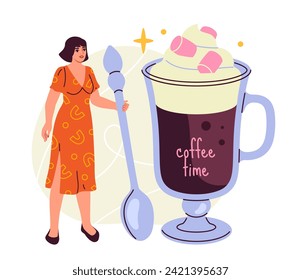 Coffee person concept. Woman with spoon near hot drink. Dessert and delicacy for cafe or restautrant. Cappuccino with marshmallow. Cartoon flat vector illustration isolated on white background