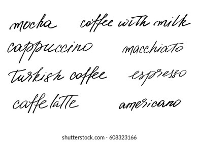 Coffee phrases text handwriting set different types of coffee handwritten black text isolated on white background, vector. 