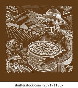 coffee picker coffee bean picker vector engraving illustration coffee picking on the field 