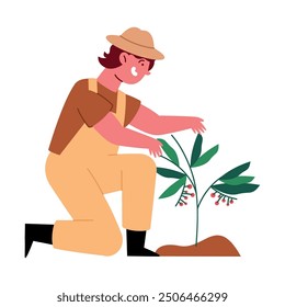 Dibujos animados del recolector de café con el árbol aislado